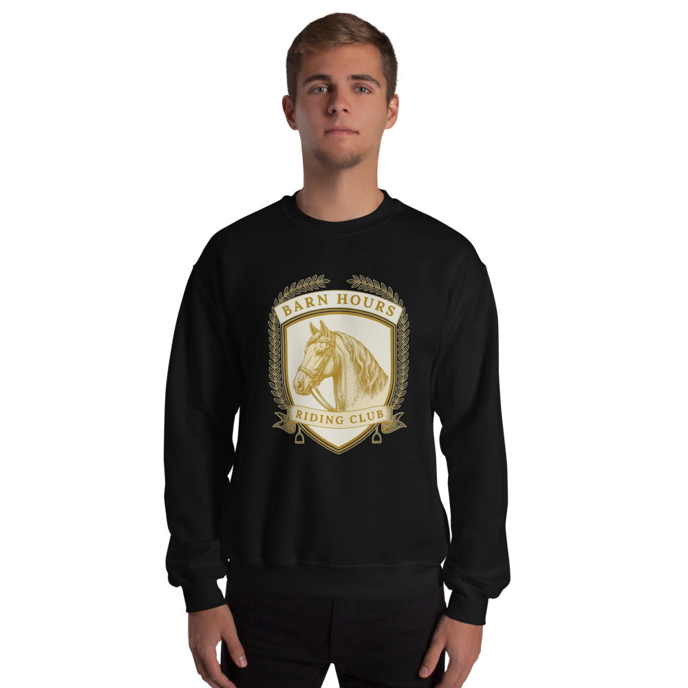 Barn Hours Riding Club vintage equestrian stable crest crewneck sweatshirt — Black, on model