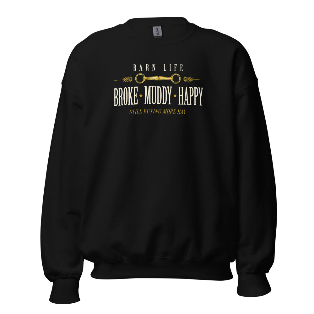 Broke Muddy Happy funny barn life equestrian crewneck sweatshirt — Black, front