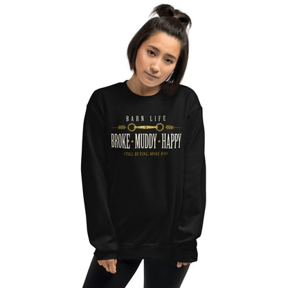 Broke Muddy Happy funny barn life equestrian crewneck sweatshirt — Black, on model