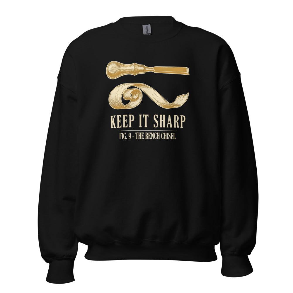 Keep It Sharp woodworking crewneck sweatshirt — Black, front