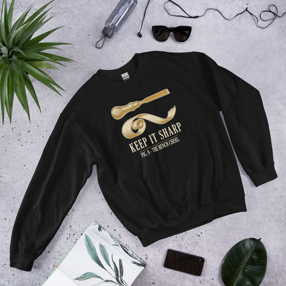Keep It Sharp woodworking crewneck sweatshirt — Black, front-right