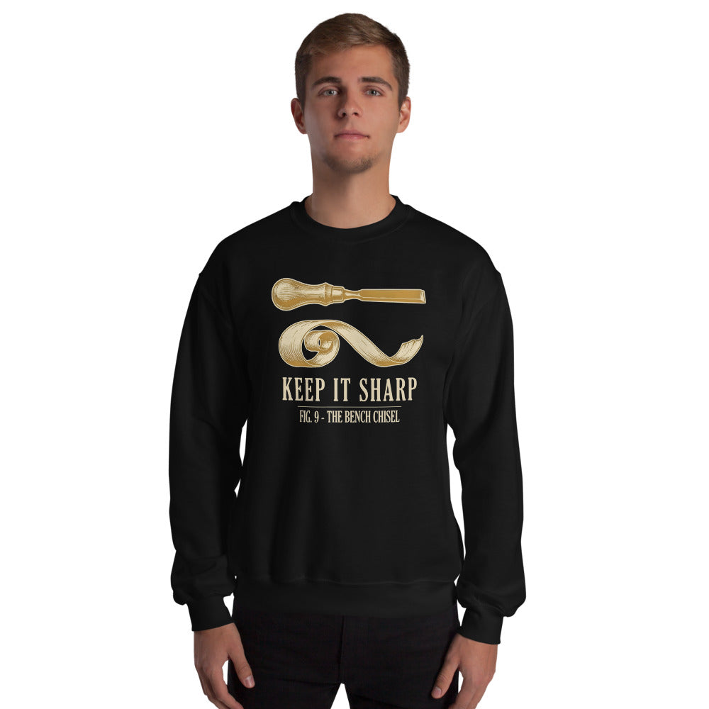 Keep It Sharp woodworking crewneck sweatshirt — Black, on model