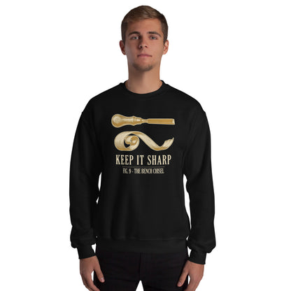 Keep It Sharp woodworking crewneck sweatshirt — Black, on model