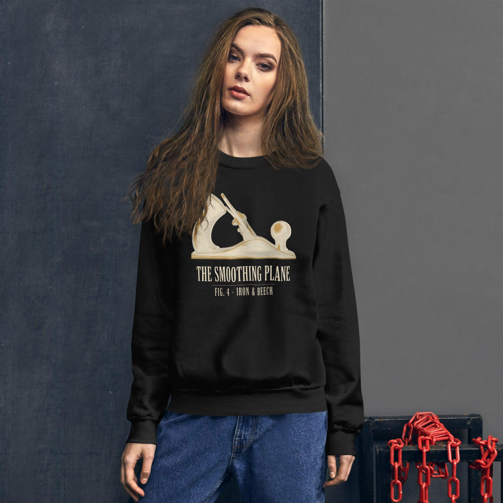 Fig. 4 The Smoothing Plane woodworking crewneck sweatshirt — Black, on model