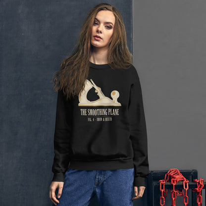 Fig. 4 The Smoothing Plane woodworking crewneck sweatshirt — Black, on model