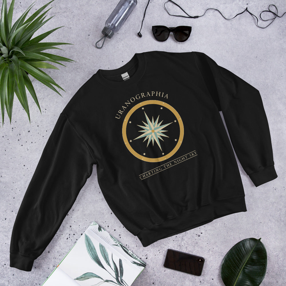 Uranographia vintage celestial chart astronomy crewneck sweatshirt — Black, front-right