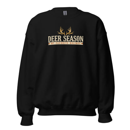 Deer Season My Favorite Holiday deer hunting crewneck sweatshirt — Black, front