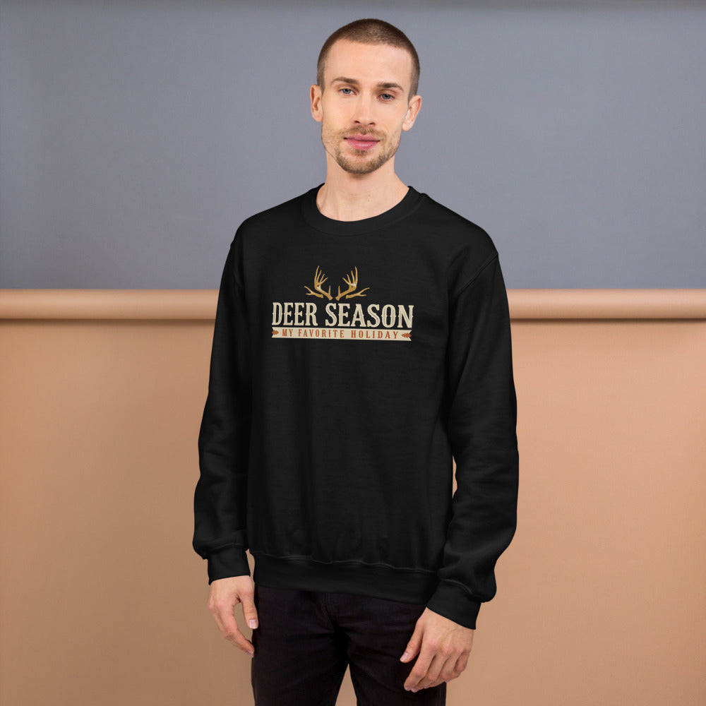 Deer Season My Favorite Holiday deer hunting crewneck sweatshirt — Black, on model