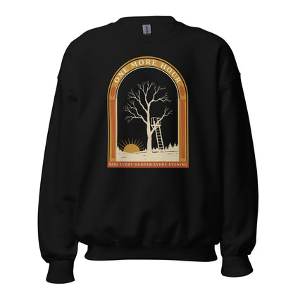 One More Hour funny deer hunting crewneck — Black, front