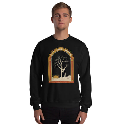 One More Hour funny deer hunting crewneck — Black, on model