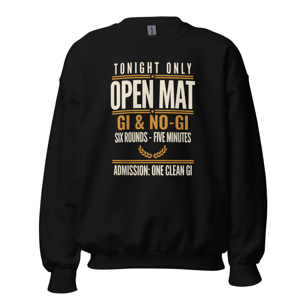 Open Mat Tonight Brazilian jiu jitsu crewneck sweatshirt — Black, front