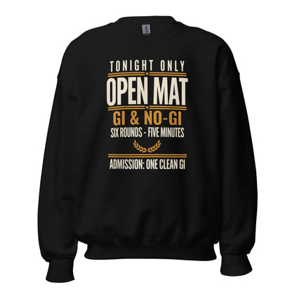 Open Mat Tonight Brazilian jiu jitsu crewneck sweatshirt — Black, front