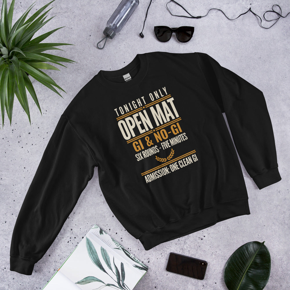 Open Mat Tonight Brazilian jiu jitsu crewneck sweatshirt — Black, front-right