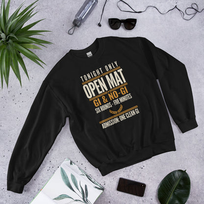 Open Mat Tonight Brazilian jiu jitsu crewneck sweatshirt — Black, front-right