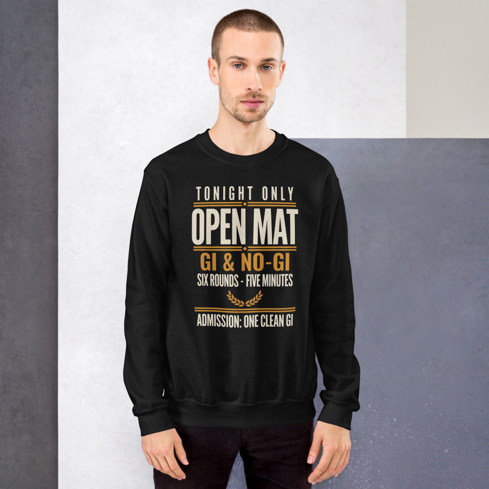 Open Mat Tonight Brazilian jiu jitsu crewneck sweatshirt — Black, on model