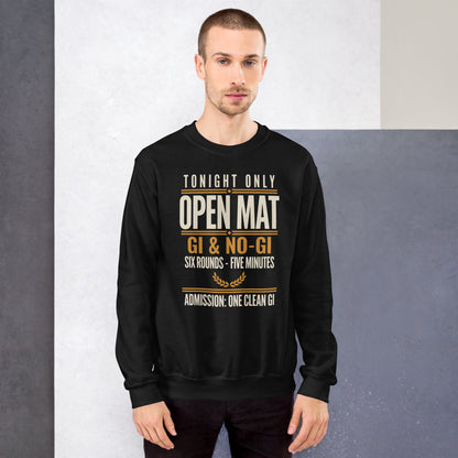 Open Mat Tonight Brazilian jiu jitsu crewneck sweatshirt — Black, on model