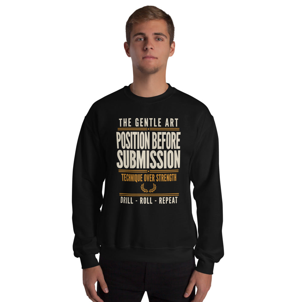 Position Before Submission Brazilian jiu jitsu sweatshirt — Black, on model