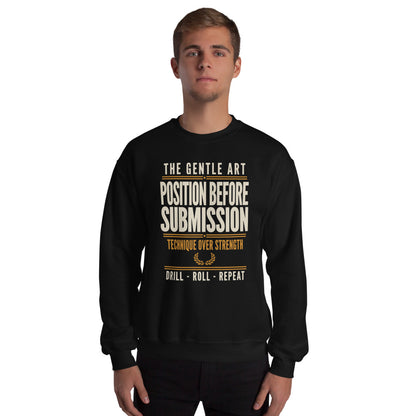 Position Before Submission Brazilian jiu jitsu sweatshirt — Black, on model