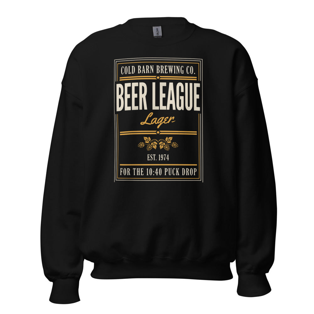Beer League Cold Barn Brewing lager crewneck sweatshirt — Black, front