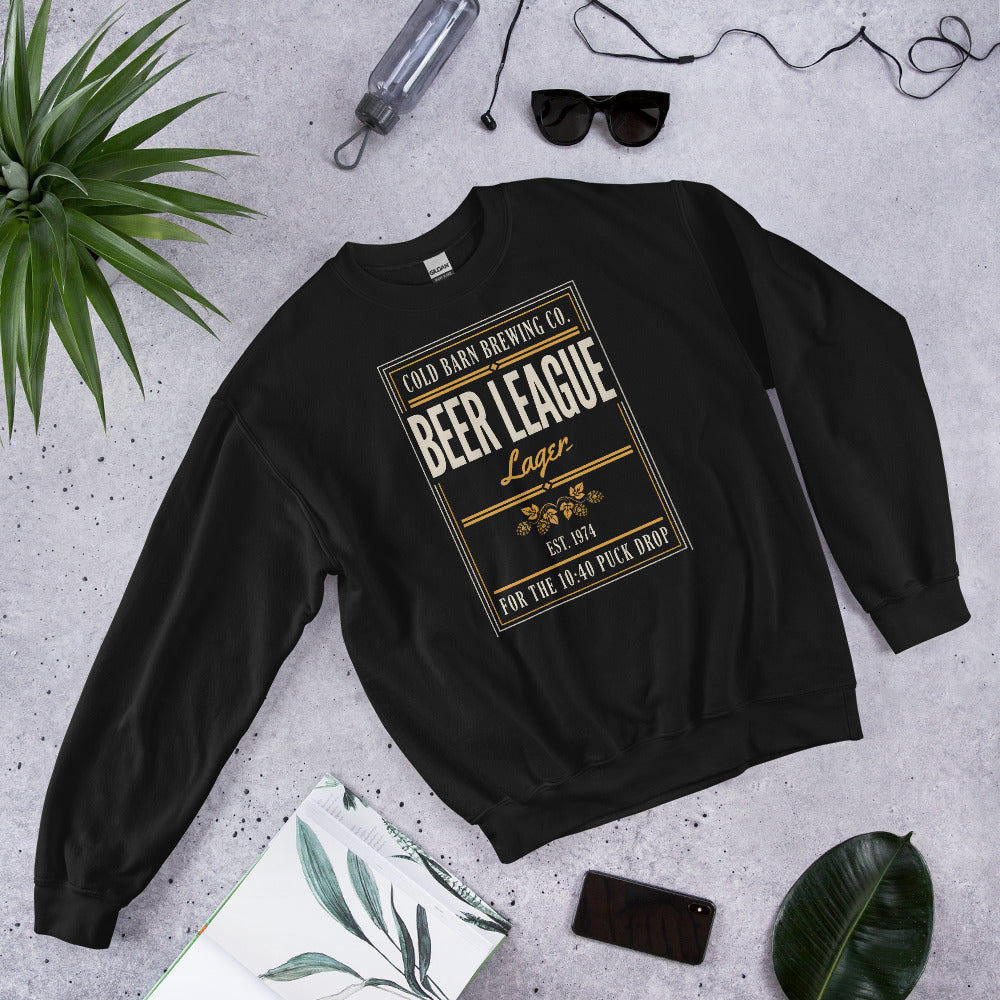 Beer League Cold Barn Brewing lager crewneck sweatshirt — Black, front-right