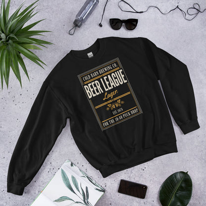 Beer League Cold Barn Brewing lager crewneck sweatshirt — Black, front-right