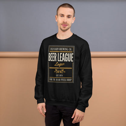 Beer League Cold Barn Brewing lager crewneck sweatshirt — Black, on model