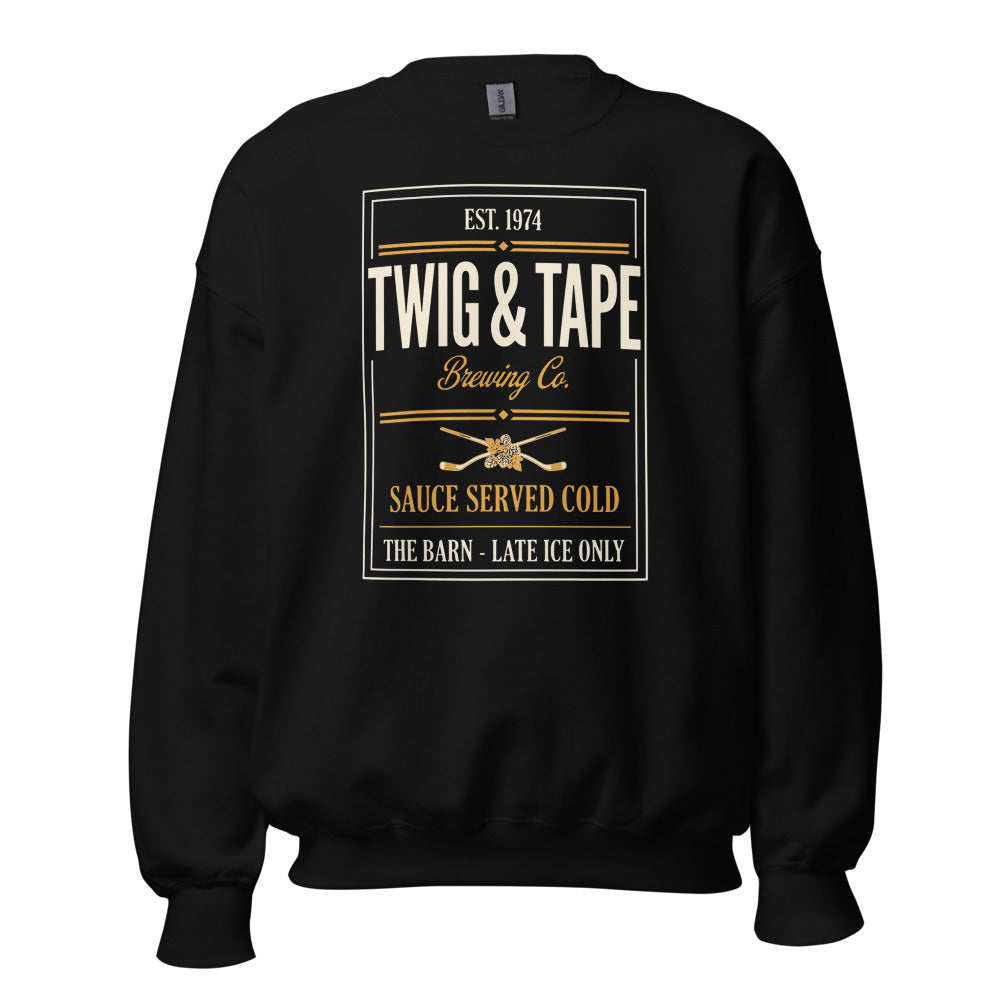Twig and Tape Brewing Co. beer league hockey crewneck sweatshirt — Black, front