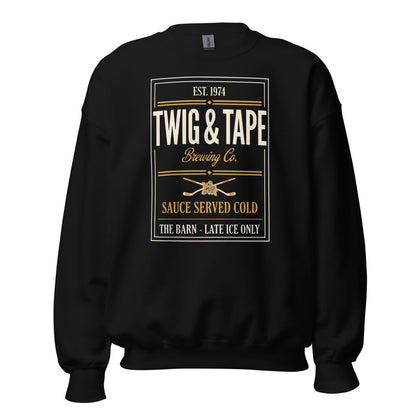 Twig and Tape Brewing Co. beer league hockey crewneck sweatshirt — Black, front