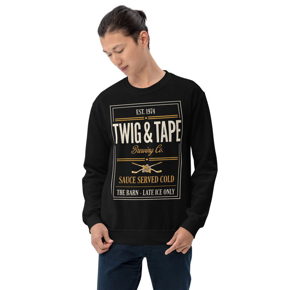Twig and Tape Brewing Co. beer league hockey crewneck sweatshirt — Black, on model