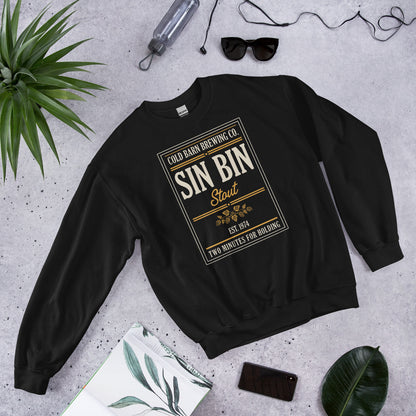 Beer League Sin Bin Stout brewery label crewneck sweatshirt — Black, front-right
