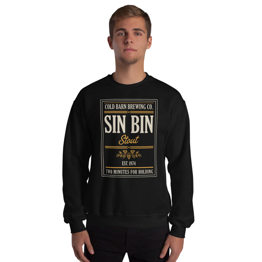 Beer League Sin Bin Stout brewery label crewneck sweatshirt — Black, on model