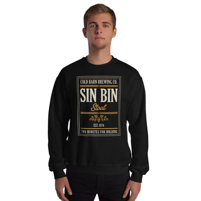 Beer League Sin Bin Stout brewery label crewneck sweatshirt — Black, on model