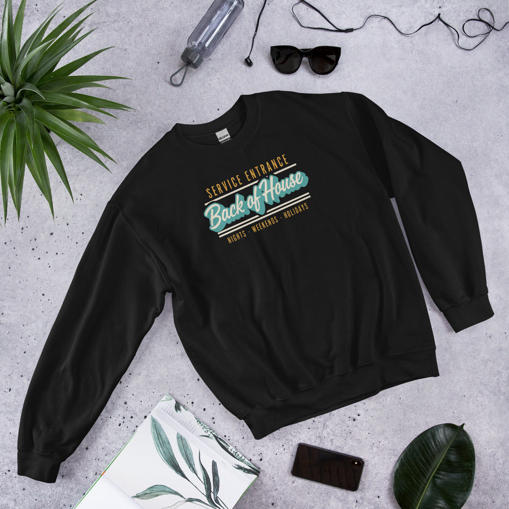 Back of House line cook retro diner service sign crewneck sweatshirt — Black, flat lay