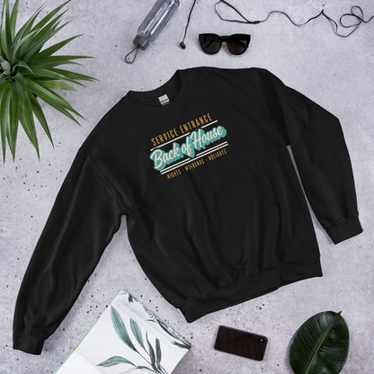 Back of House line cook retro diner service sign crewneck sweatshirt — Black, flat lay