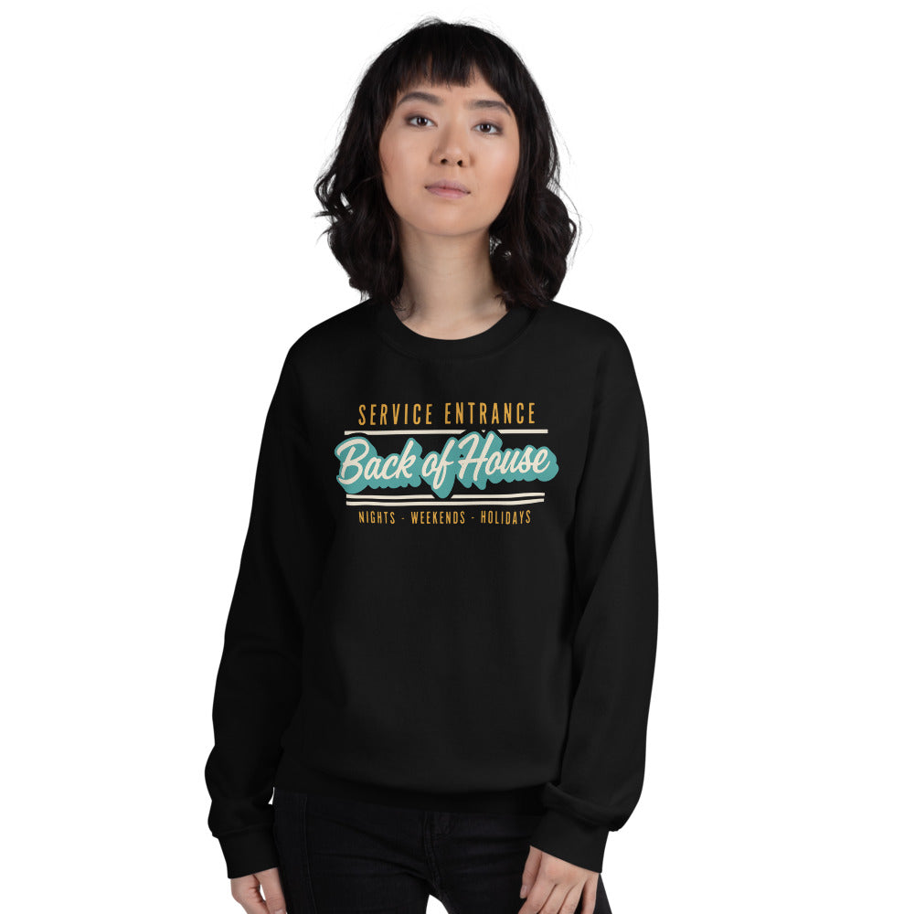 Back of House line cook retro diner service sign crewneck sweatshirt — Black, on model