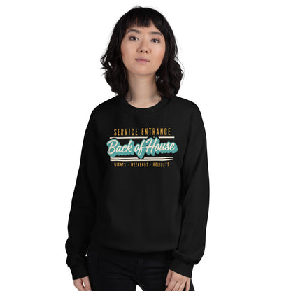 Back of House line cook retro diner service sign crewneck sweatshirt — Black, on model