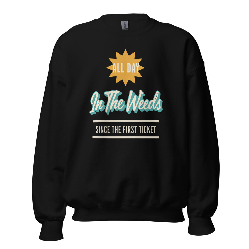 In The Weeds line cook retro diner service sign crewneck sweatshirt — Black, front