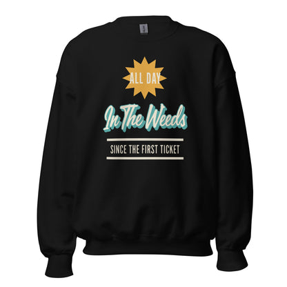 In The Weeds line cook retro diner service sign crewneck sweatshirt — Black, front