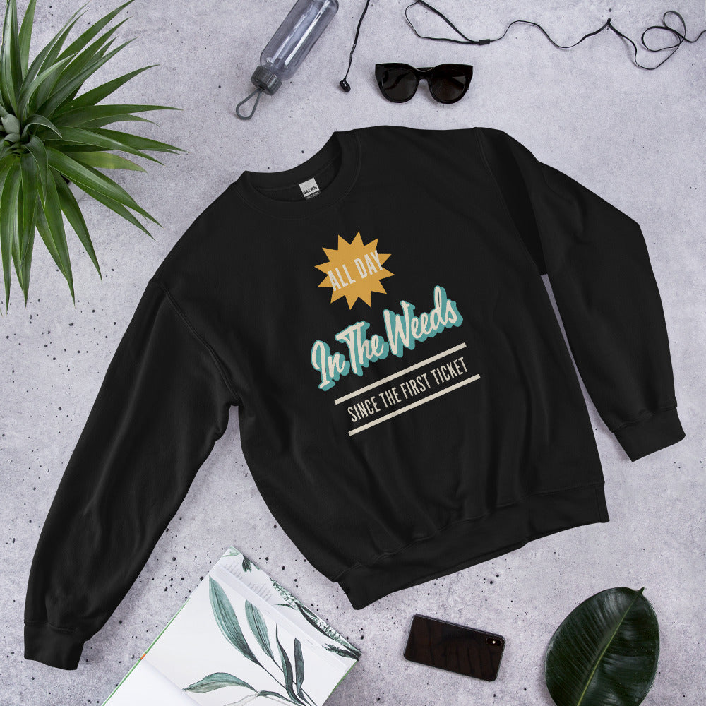 In The Weeds line cook retro diner service sign crewneck sweatshirt — Black, flat lay