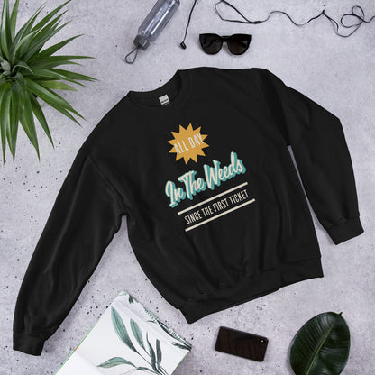 In The Weeds line cook retro diner service sign crewneck sweatshirt — Black, flat lay