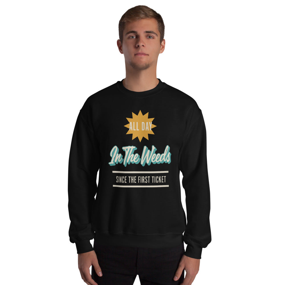 In The Weeds line cook retro diner service sign crewneck sweatshirt — Black, on model