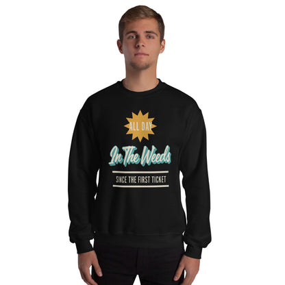 In The Weeds line cook retro diner service sign crewneck sweatshirt — Black, on model