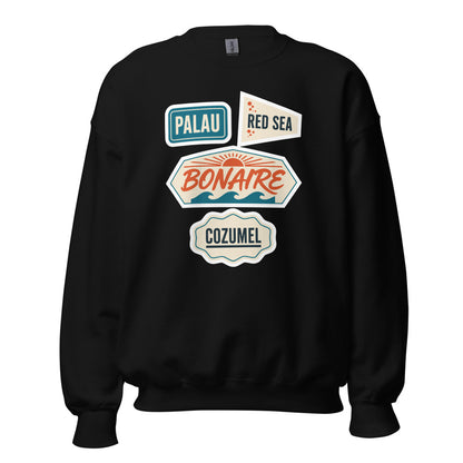 Vintage scuba diving dive sites travel decal sweatshirt — Black, front