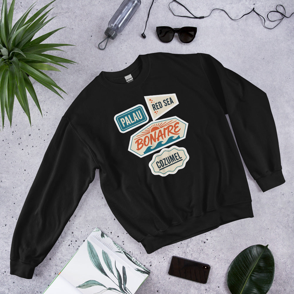Vintage scuba diving dive sites travel decal sweatshirt — Black, flat lay