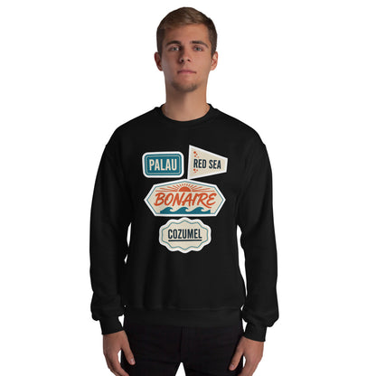 Vintage scuba diving dive sites travel decal sweatshirt — Black, on model