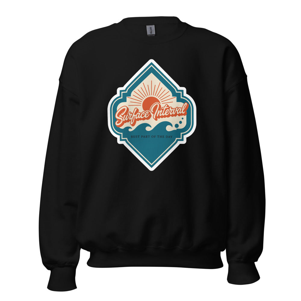 Surface Interval vintage scuba diving travel decal sweatshirt — Black, front