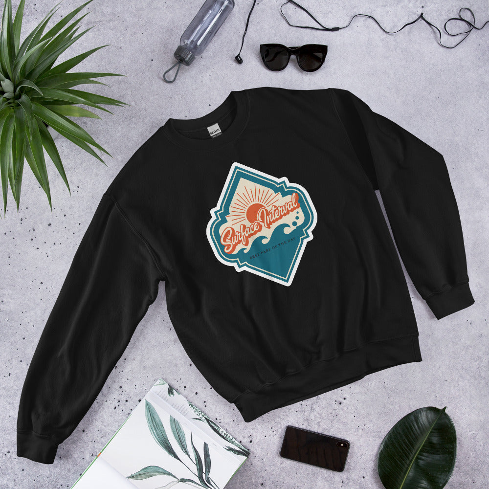 Surface Interval vintage scuba diving travel decal sweatshirt — Black, flat lay