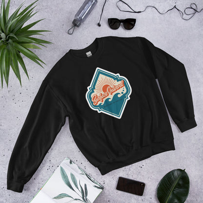 Surface Interval vintage scuba diving travel decal sweatshirt — Black, flat lay