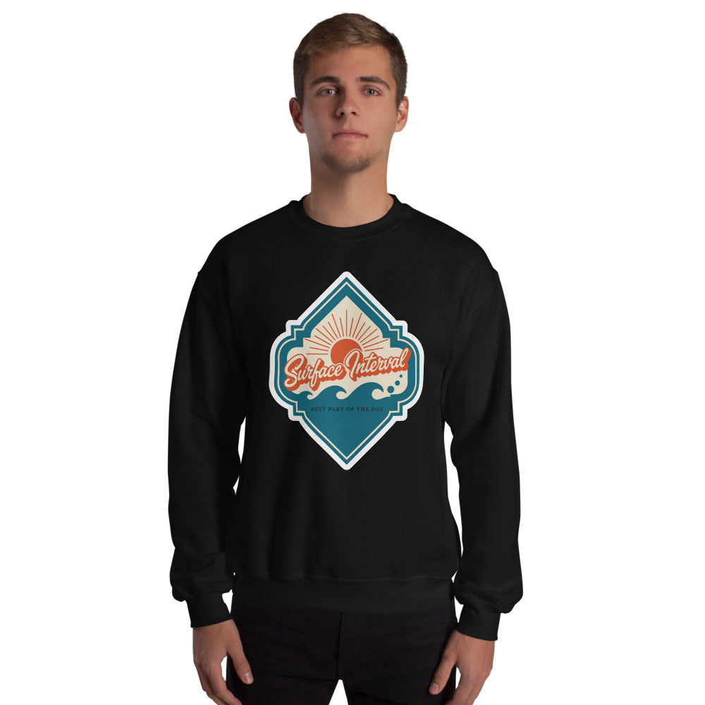 Surface Interval vintage scuba diving travel decal sweatshirt — Black, on model
