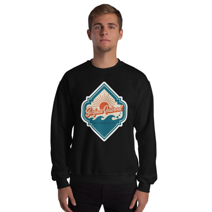 Surface Interval vintage scuba diving travel decal sweatshirt — Black, on model